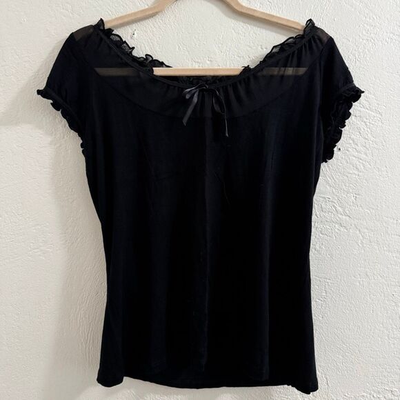Vintage AB Studio Black Rayon Blouse w/ Sheer Trim & Bow Collar M - Picture 1 of 5